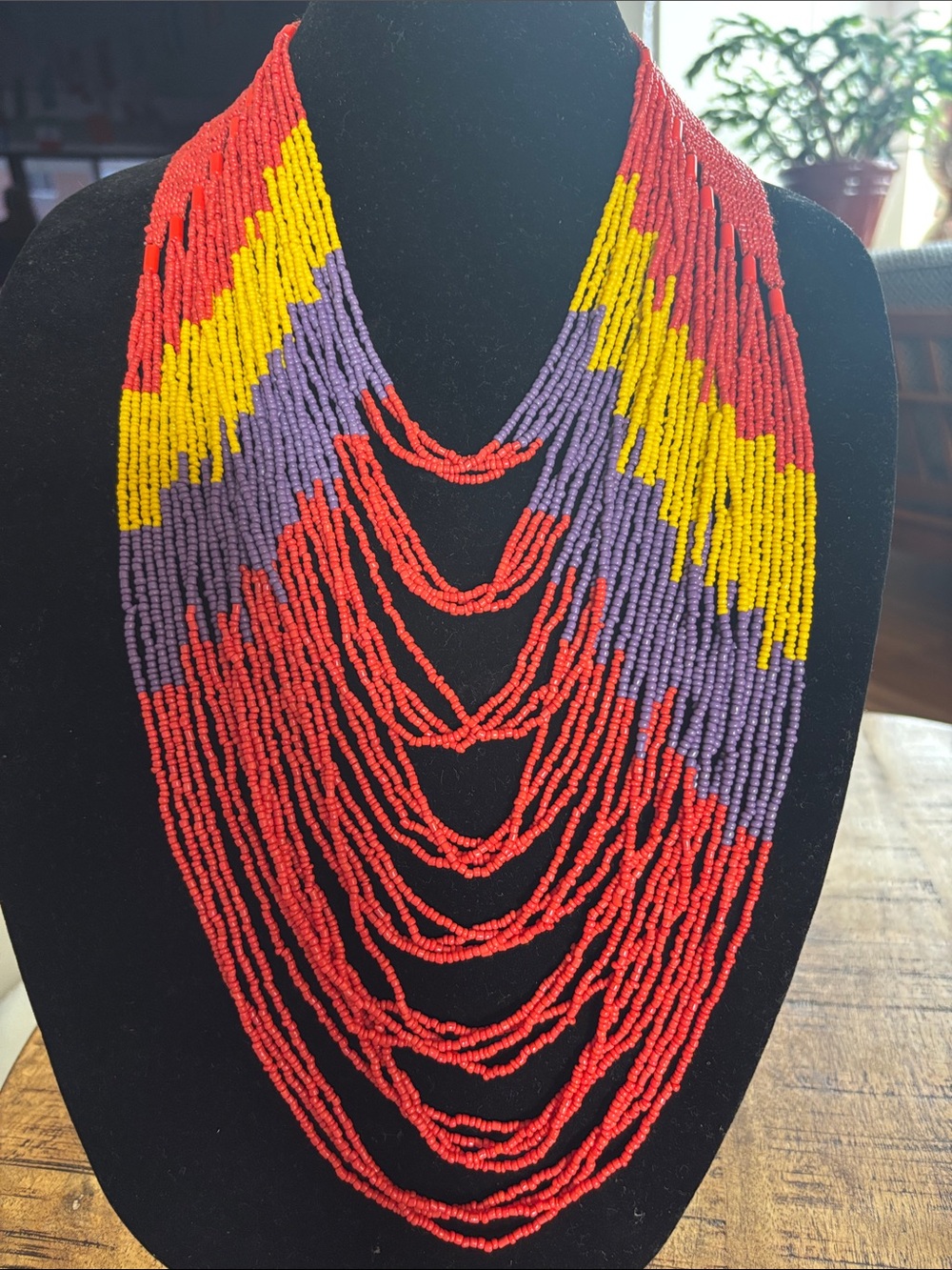 40-Strand Indigenous Chevron Trade Bead Boho Colorblock Necklace
